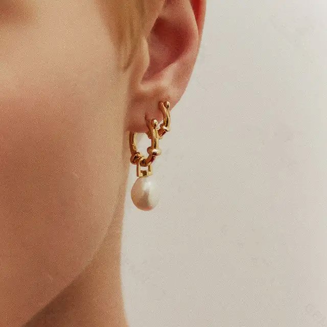 Alluring Pearl Drop Hoop Earrings 18k Gold Vermeil - LeAurelienne