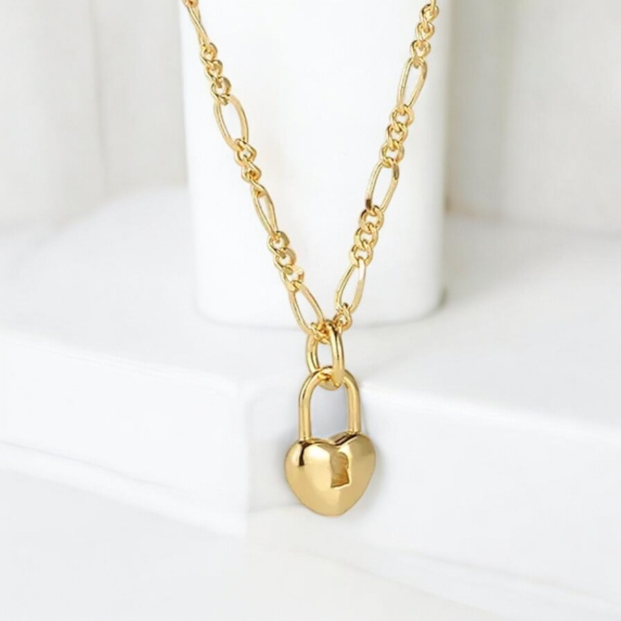 Vibrant Figaro Chain Heart Lock Necklace 18k Gold Vermeil - LeAurelienne